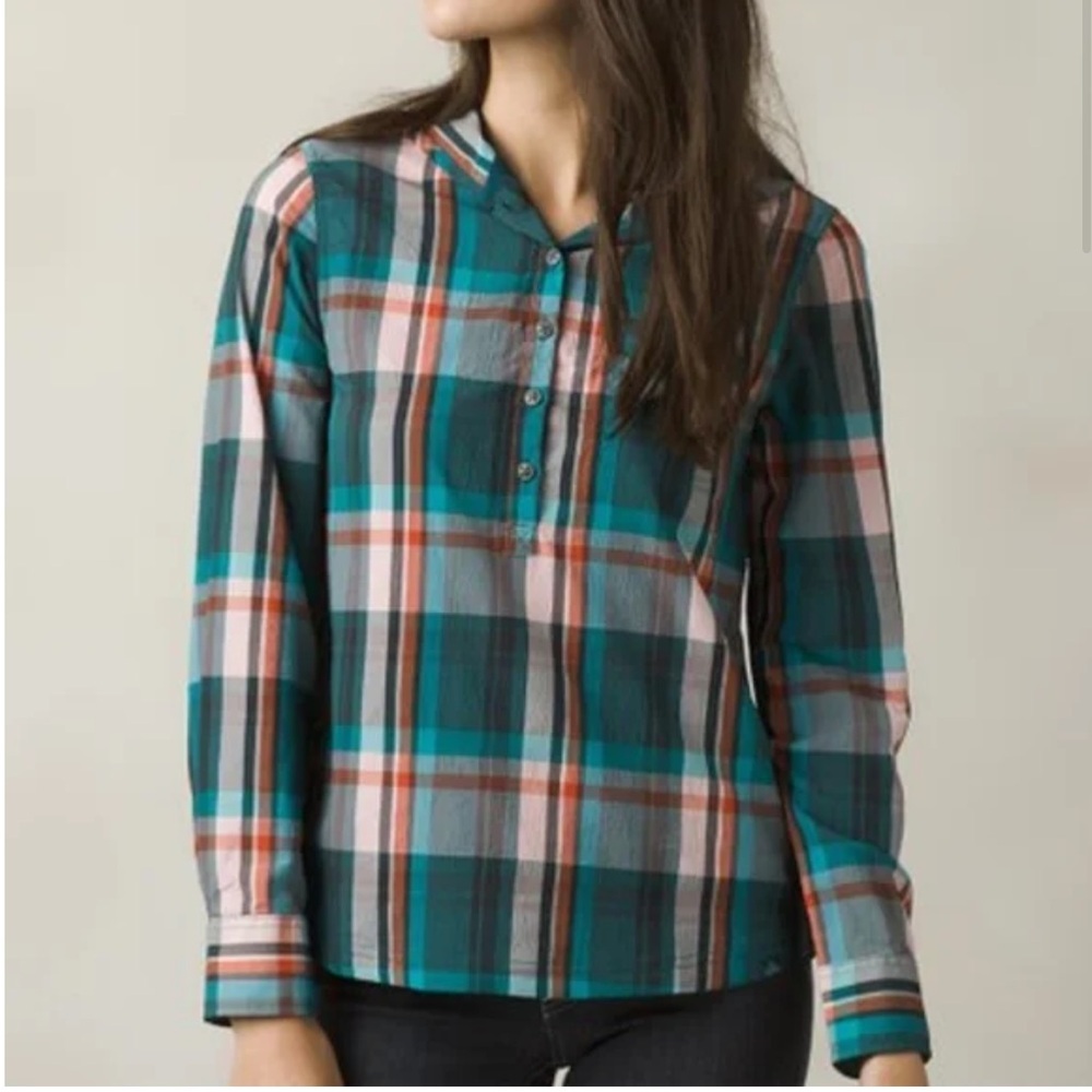 Prana Anja Top Deep Balsam Plaid Hooded Popover Long Roll Tab Sleeve Size Small